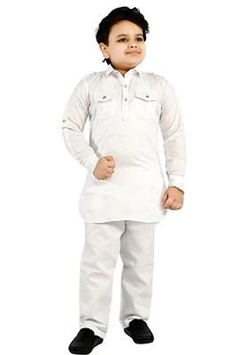 White Embroidered Cotton Kurta Set For Boys