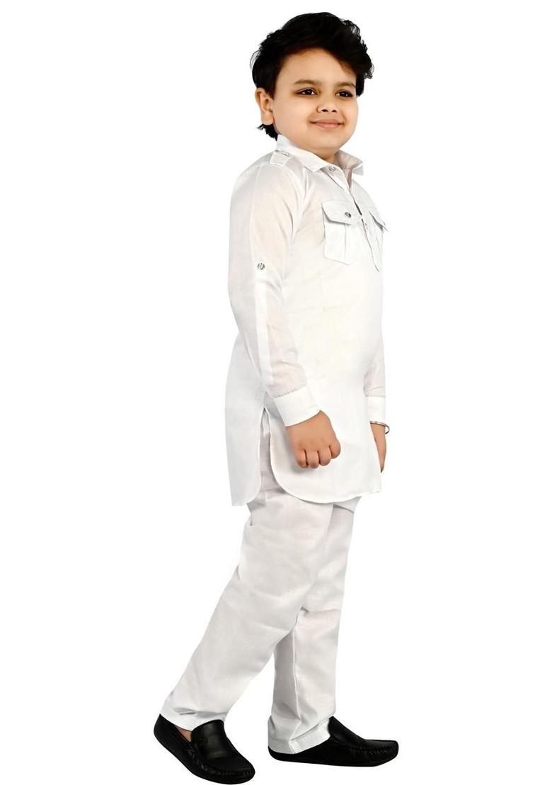 White Embroidered Cotton Kurta Set For Boys - Indya