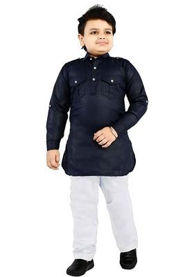 Navy Blue Embroidered Cotton Kurta Set For Boys