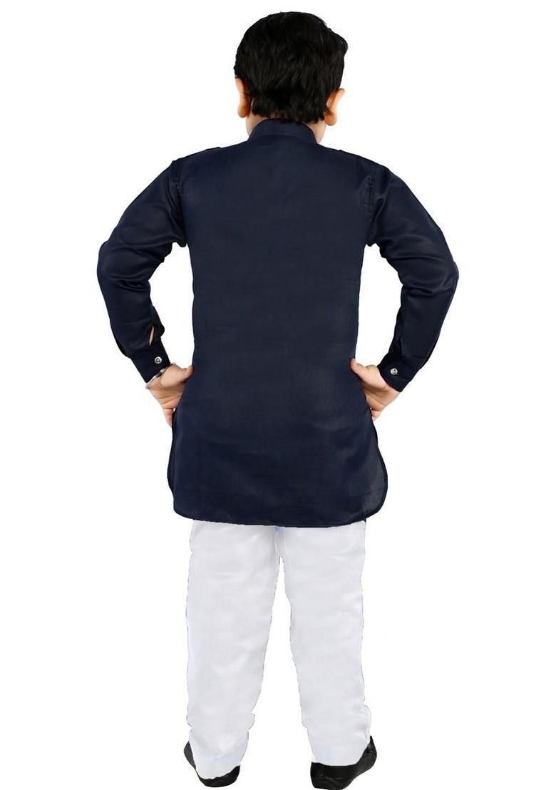 Navy Blue Embroidered Cotton Kurta Set For Boys - Indya
