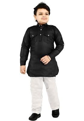 Black Embroidered Cotton Kurta Set For Boys