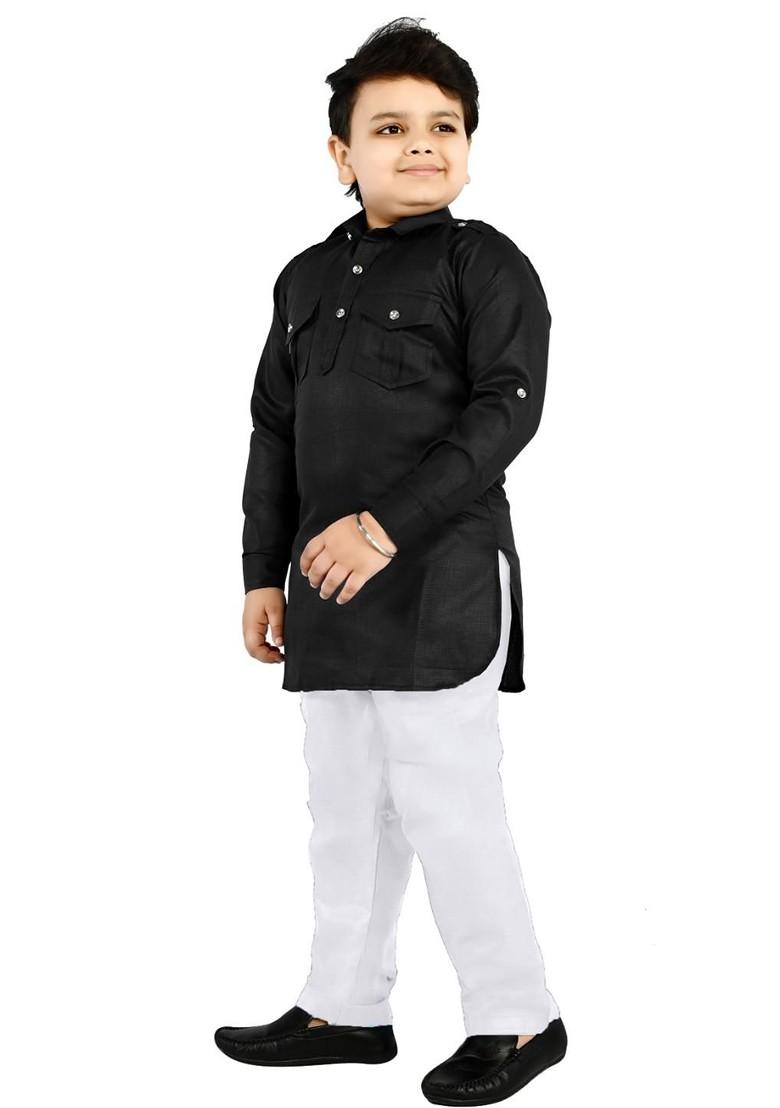 Black Embroidered Cotton Kurta Set For Boys - Indya