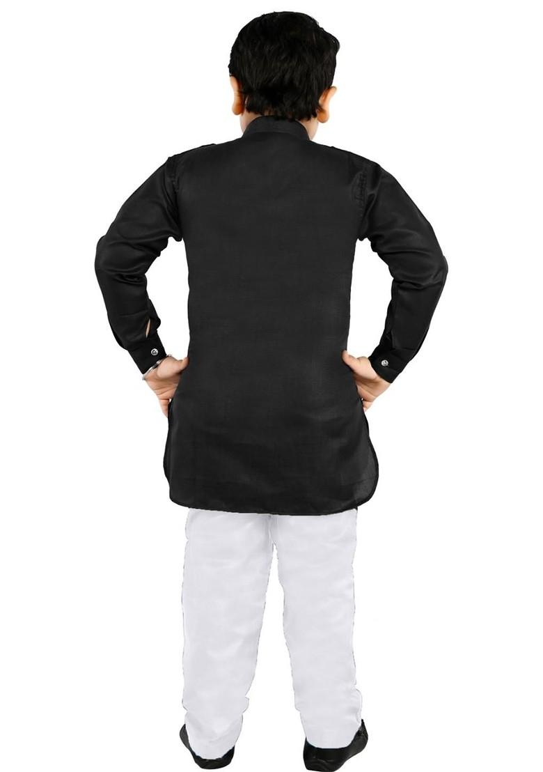 Black Embroidered Cotton Kurta Set For Boys - Indya