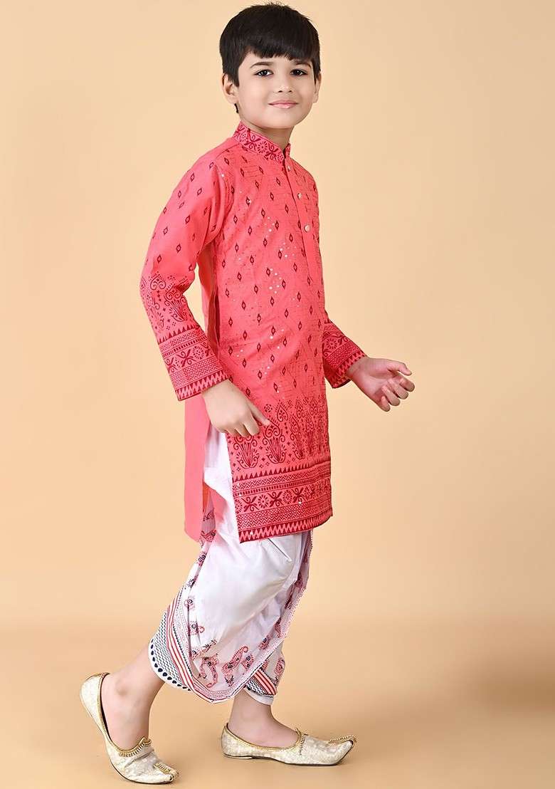 Orange Embroidered Blended Kurta Set For Boys - Indya