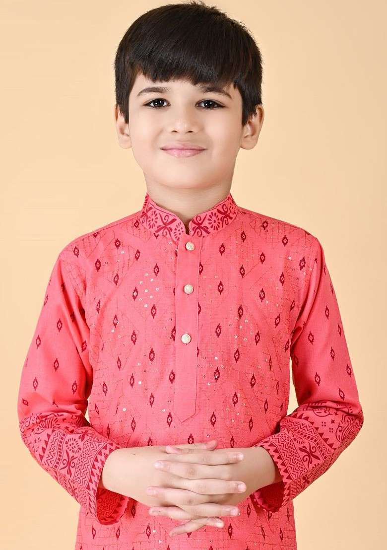 Orange Embroidered Blended Kurta Set For Boys - Indya