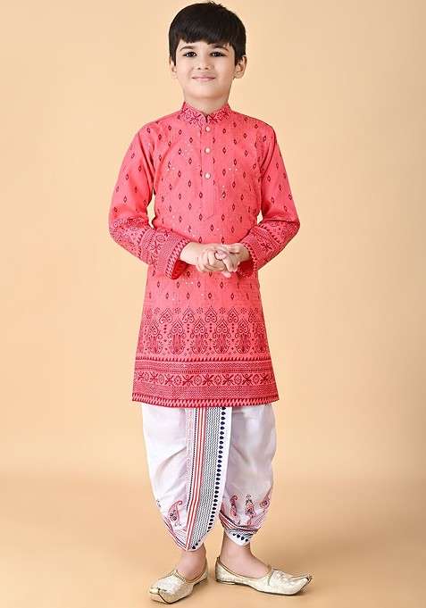Orange Embroidered Blended Kurta Set For Boys