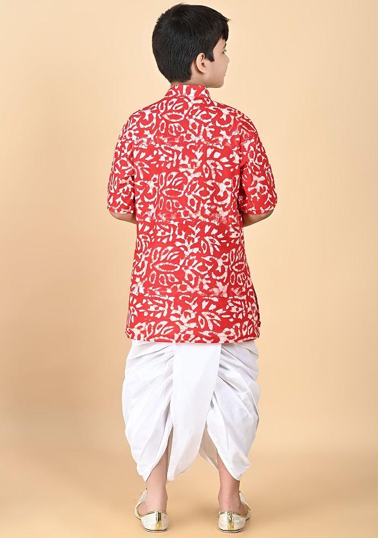Red Printed Cotton Kurta Dhoti Set For Boys - Indya
