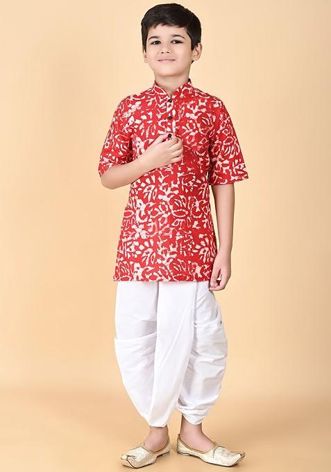 Red Printed Cotton Kurta Dhoti Set For Boys — view on Indya