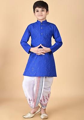 Blue Embroidered Blended Kurta Dhoti Set For Boys