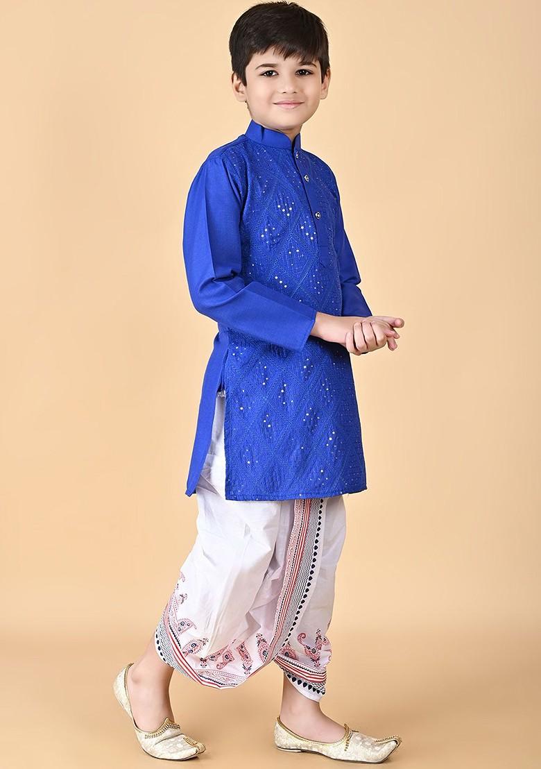 Blue Embroidered Blended Kurta Dhoti Set For Boys - Indya