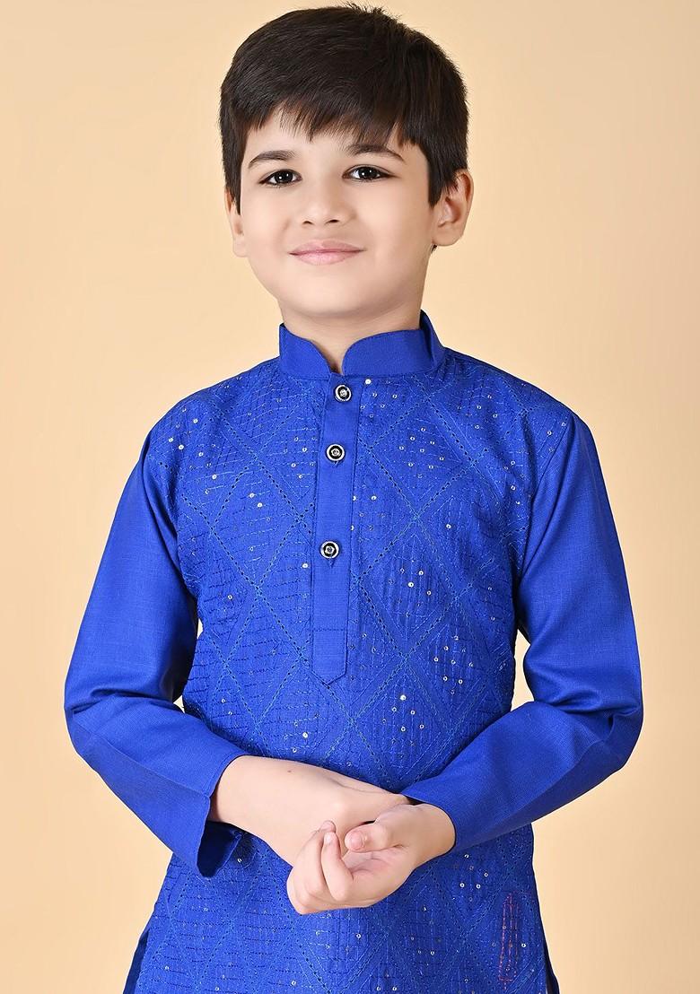 Blue Embroidered Blended Kurta Dhoti Set For Boys - Indya