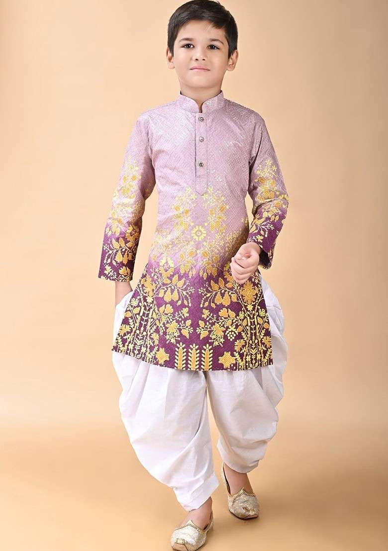 Purple Self Design Blended Kurta Set For Boys - Indya