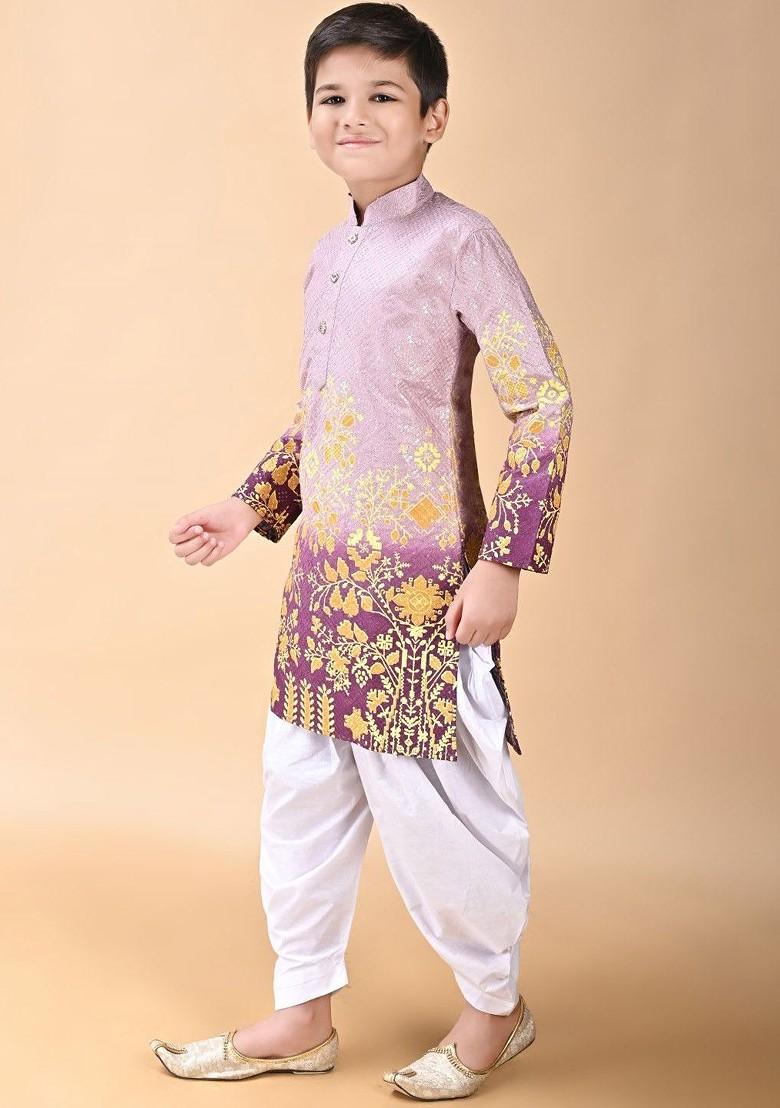 Purple Self Design Blended Kurta Set For Boys - Indya