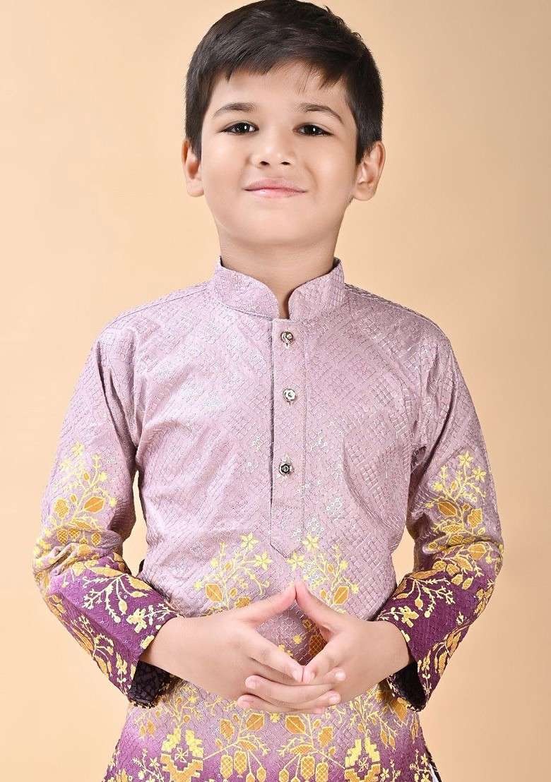 Purple Self Design Blended Kurta Set For Boys - Indya