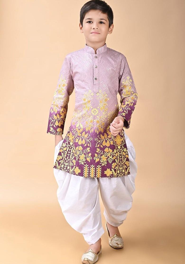 Purple Self Design Blended Kurta Set For Boys - Indya