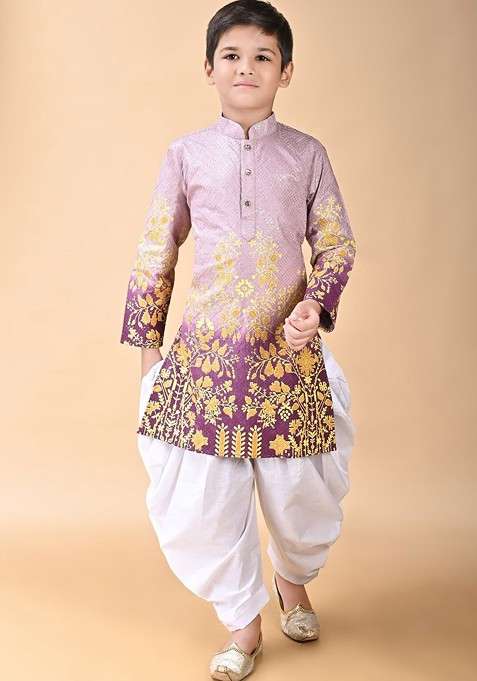 Purple Self Design Blended Kurta Set For Boys
