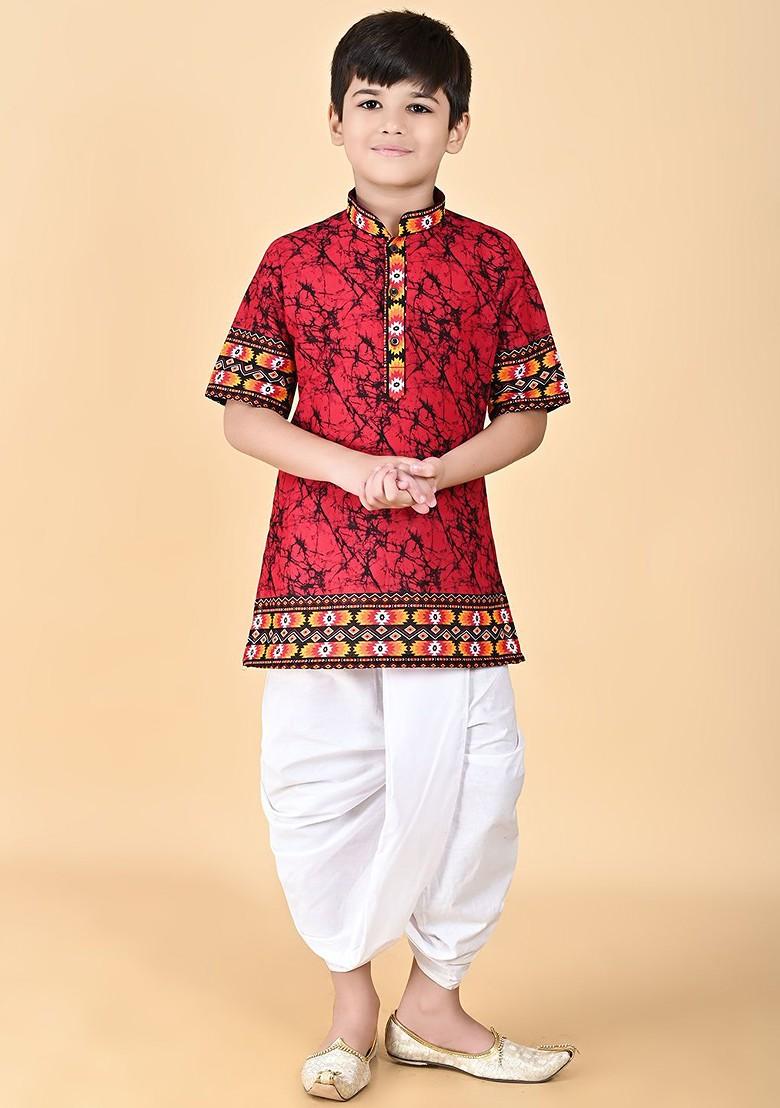 Red Printed Cotton Kurta Dhoti Set For Boys - Indya