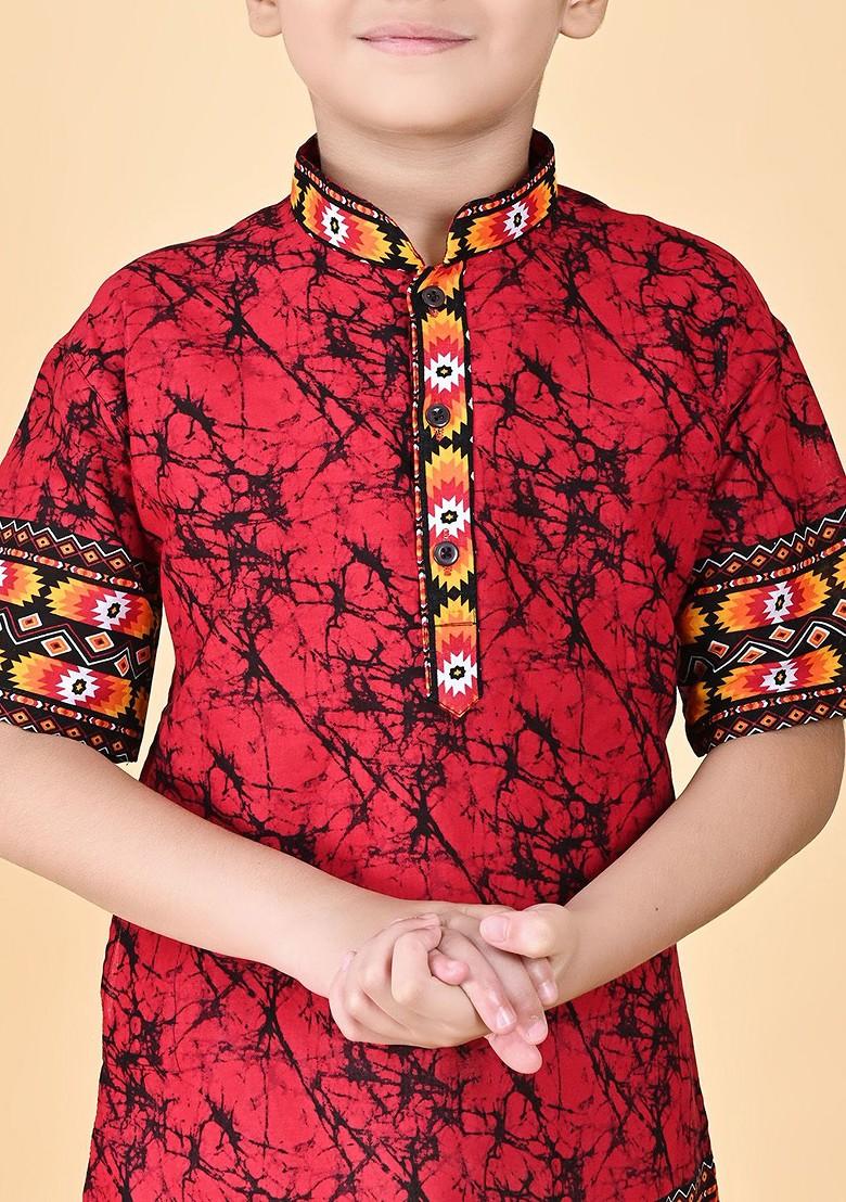 Red Printed Cotton Kurta Dhoti Set For Boys - Indya