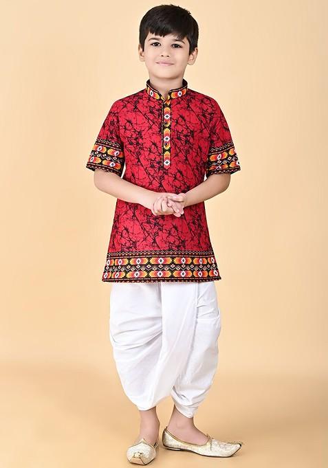 Red Printed Cotton Kurta Dhoti Set For Boys — view on Indya