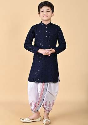 Navy Blue Embroidered Blended Kurta Dhoti Set For Boys