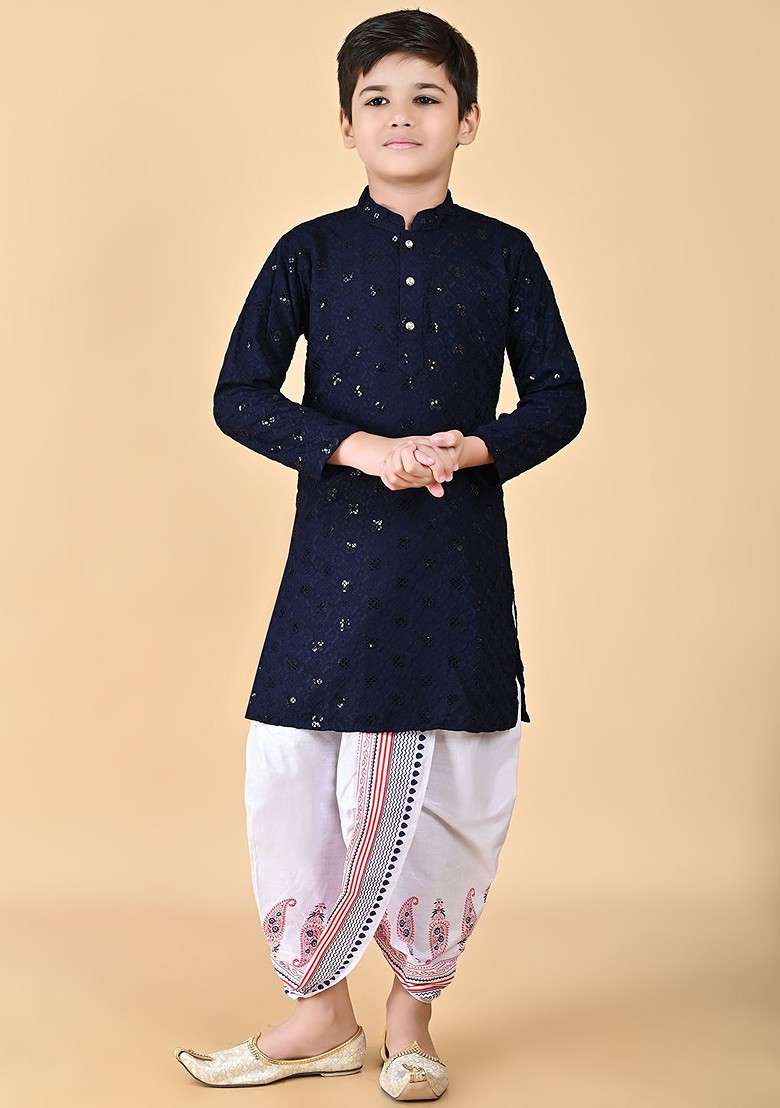Navy Blue Embroidered Blended Kurta Dhoti Set For Boys - Indya