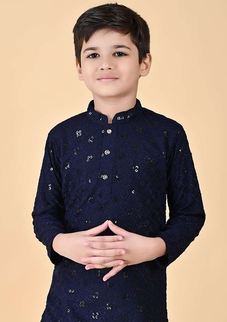 Navy Blue Embroidered Blended Kurta Dhoti Set For Boys - Indya