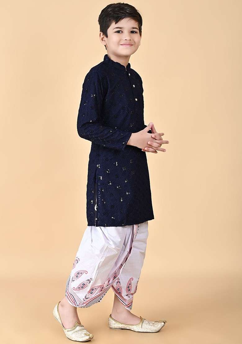 Navy Blue Embroidered Blended Kurta Dhoti Set For Boys - Indya