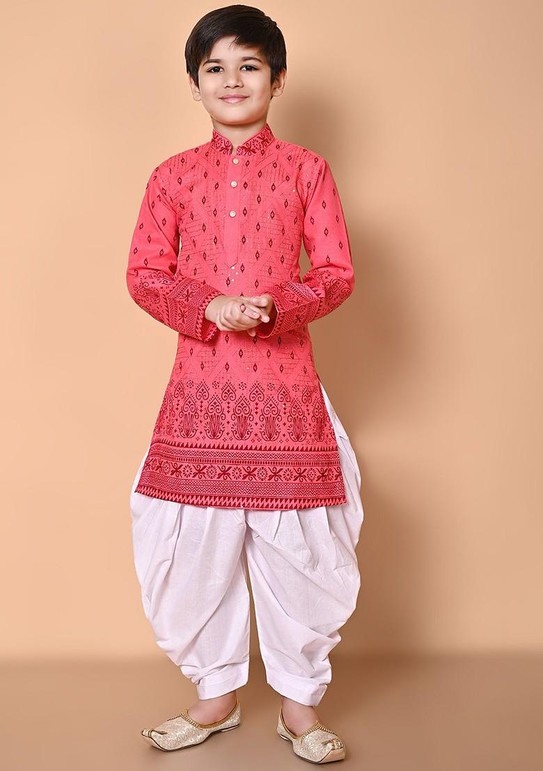 Pink Woven Design Blended Kurta Set For Boys - Indya