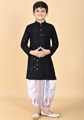 Black Embroidered Blended Kurta Dhoti Set For Boys