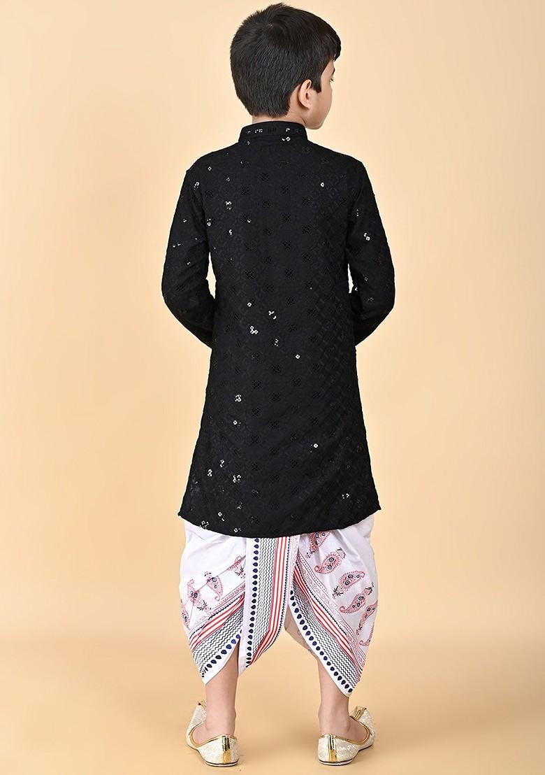 Black Embroidered Blended Kurta Dhoti Set For Boys - Indya