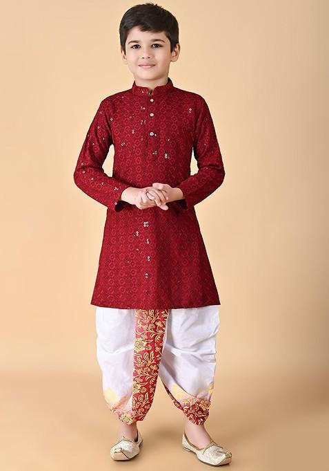 Maroon Embroidered Blended Kurta Dhoti Set For Boys — view on Indya
