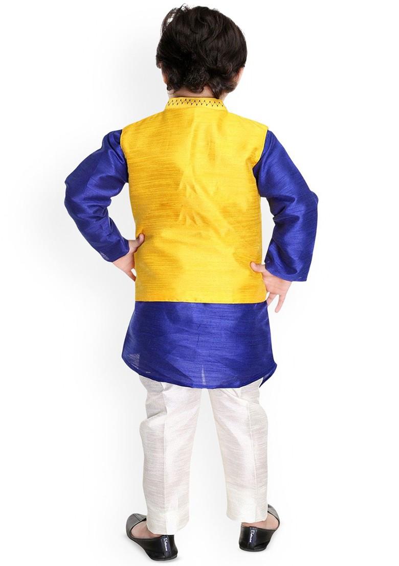 Yellow Solid Blended Kurta Set For Boys - Indya