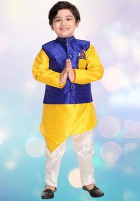 Blue Solid Blended Kurta Set For Boys