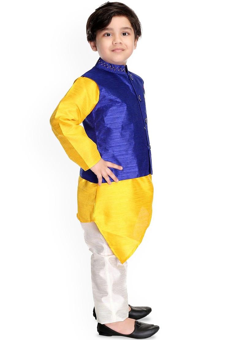 Blue Solid Blended Kurta Set For Boys - Indya