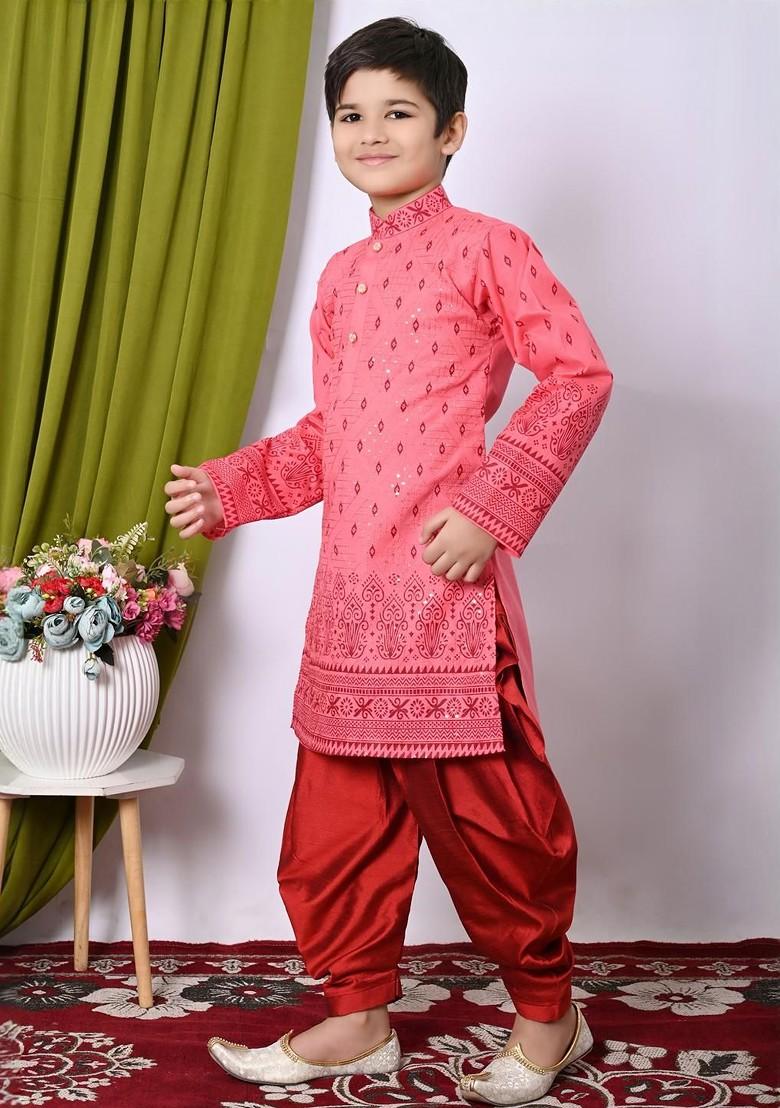 Orange Embroidered Cotton Kurta Set For Boys - Indya