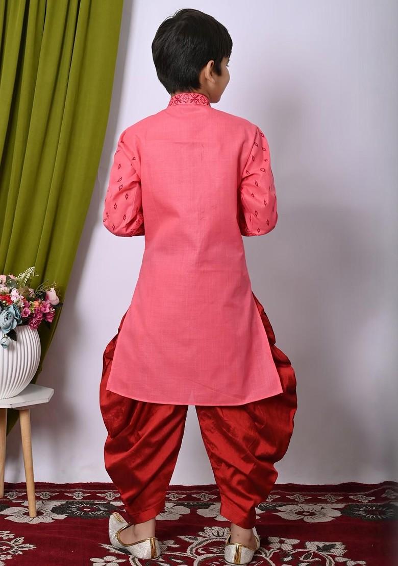 Orange Embroidered Cotton Kurta Set For Boys - Indya