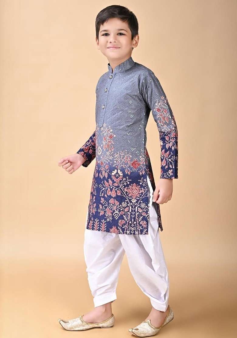 Grey Embroidered Viscose Rayon Kurta Set For Boys - Indya