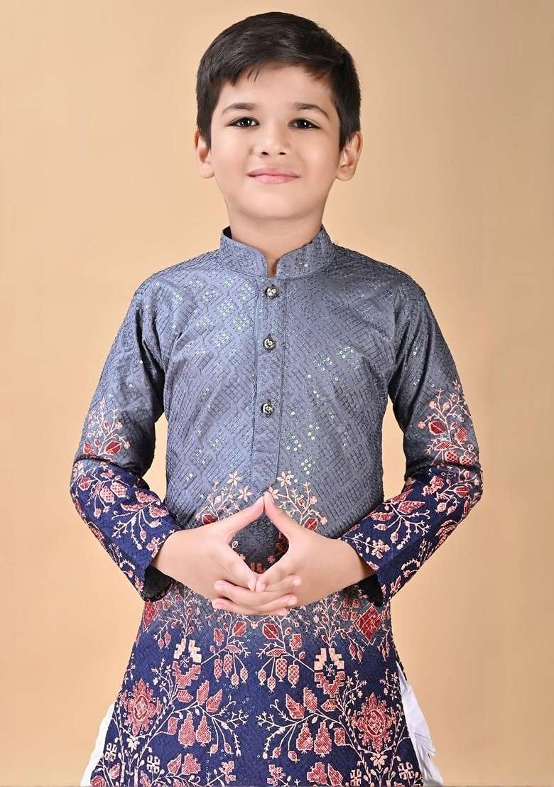 Grey Embroidered Viscose Rayon Kurta Set For Boys - Indya