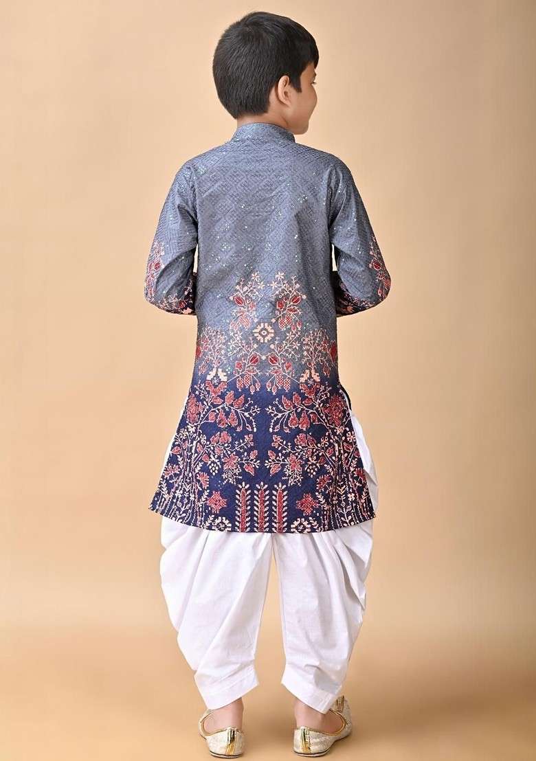 Grey Embroidered Viscose Rayon Kurta Set For Boys - Indya