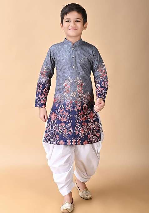 Grey Embroidered Viscose Rayon Kurta Set For Boys