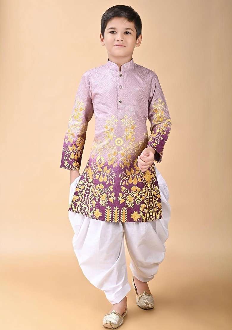 Purple Embroidered Viscose Rayon Kurta Set For Boys - Indya