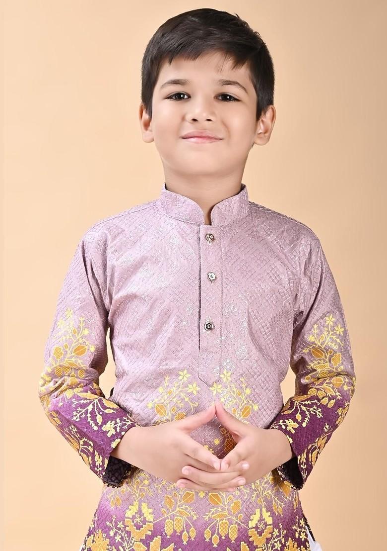 Purple Embroidered Viscose Rayon Kurta Set For Boys - Indya