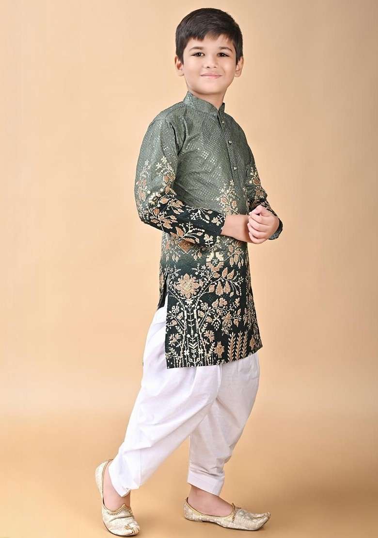 Green Embroidered Viscose Rayon Kurta Set For Boys - Indya