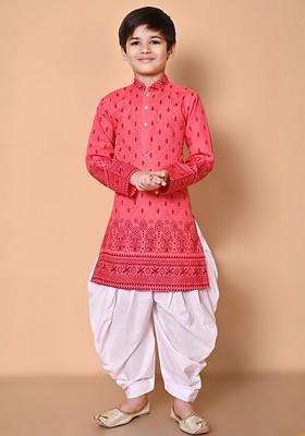 Orange Embroidered Cotton Kurta Set For Boys