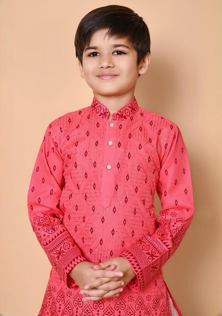 Orange Embroidered Cotton Kurta Set For Boys - Indya