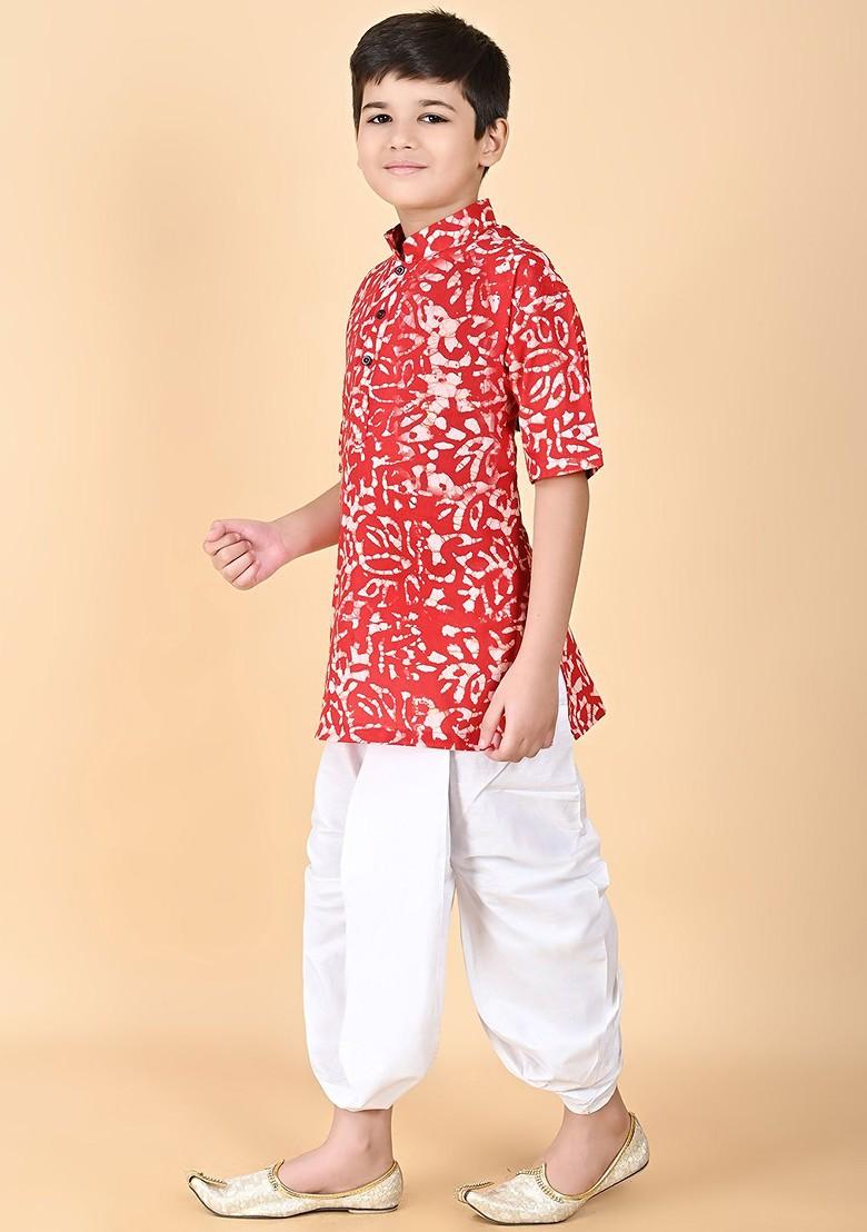 Red Printed Cotton Kurta Dhoti Set For Boys - Indya