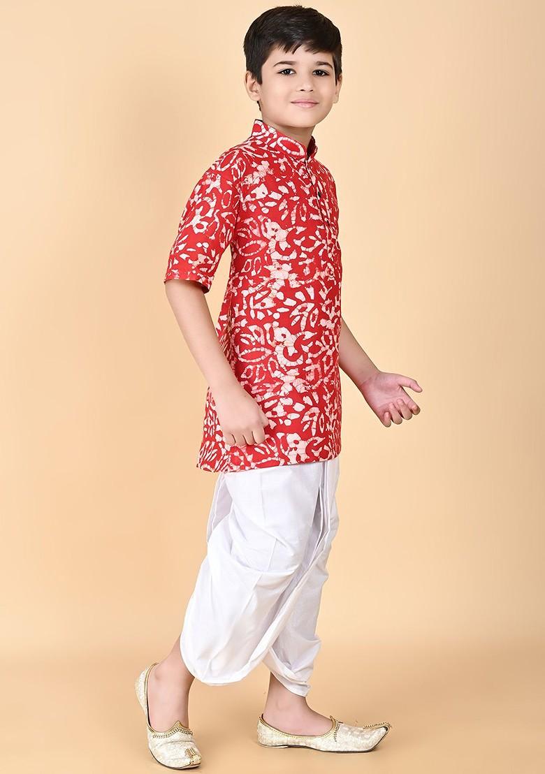 Red Printed Cotton Kurta Dhoti Set For Boys - Indya