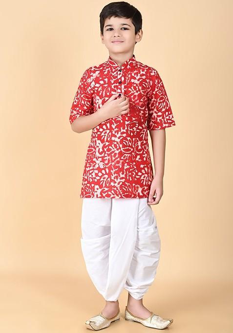 Red Printed Cotton Kurta Dhoti Set For Boys — view on Indya