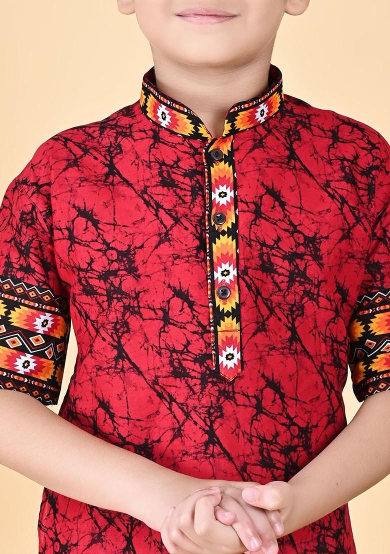 Red Printed Cotton Kurta Dhoti Set For Boys - Indya