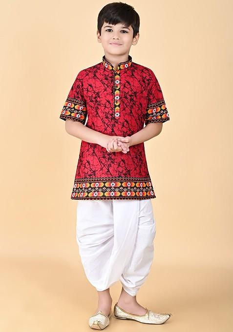 Red Printed Cotton Kurta Dhoti Set For Boys — view on Indya